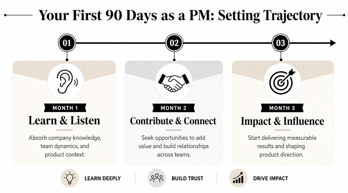 A timeline graphic showing the first 90 days as a product manager divided into three monthly steps.