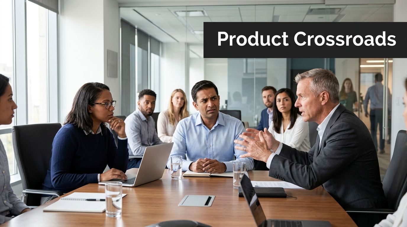 A diverse team of professionals engaged in a serious business meeting around a large wooden table.