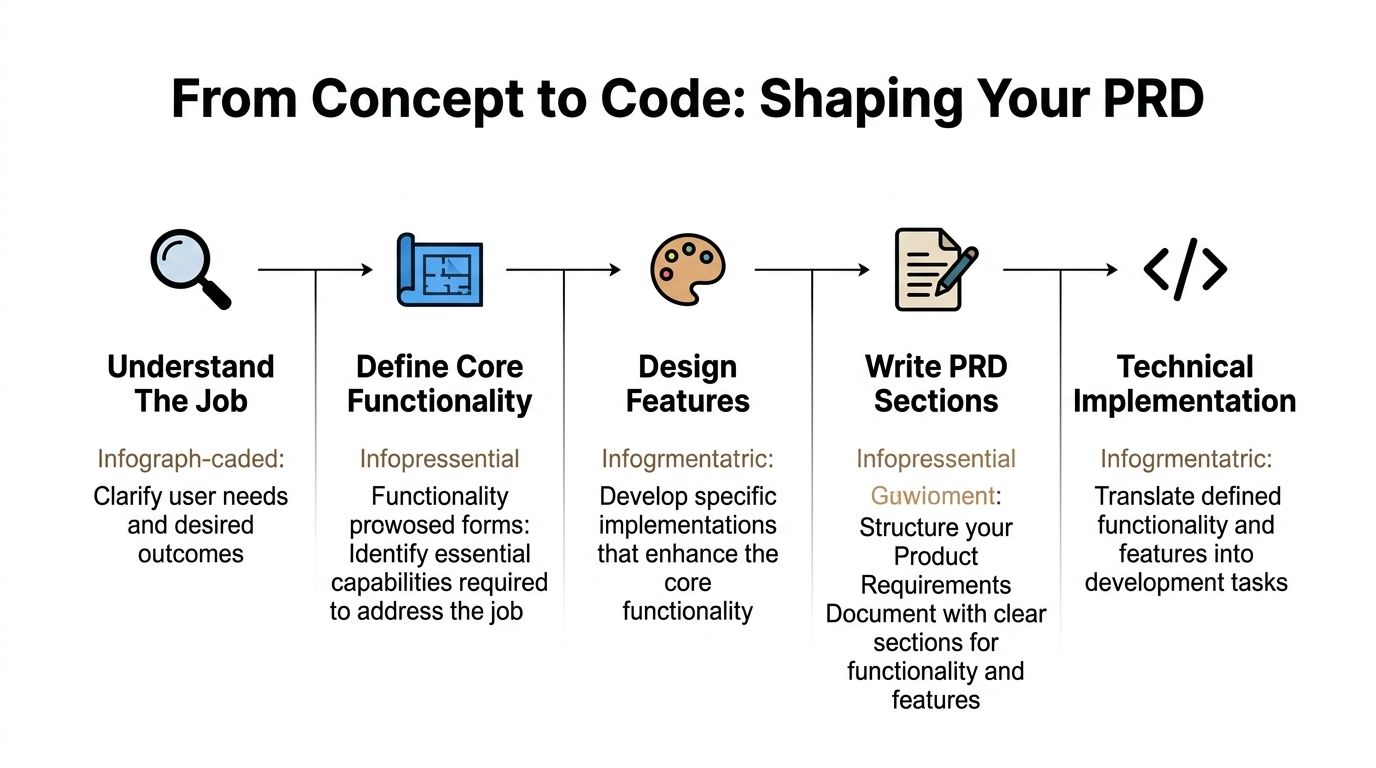 An infographic diagram illustrating the step-by-step process of shaping a Product Requirements Document from concept to code.