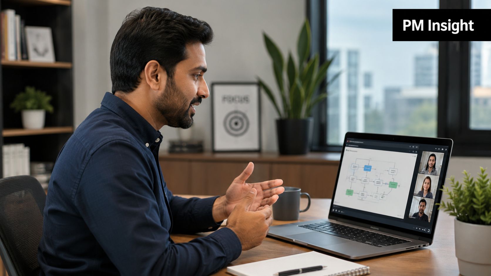 A professional man in a dark shirt participating in a remote video conference on a laptop.