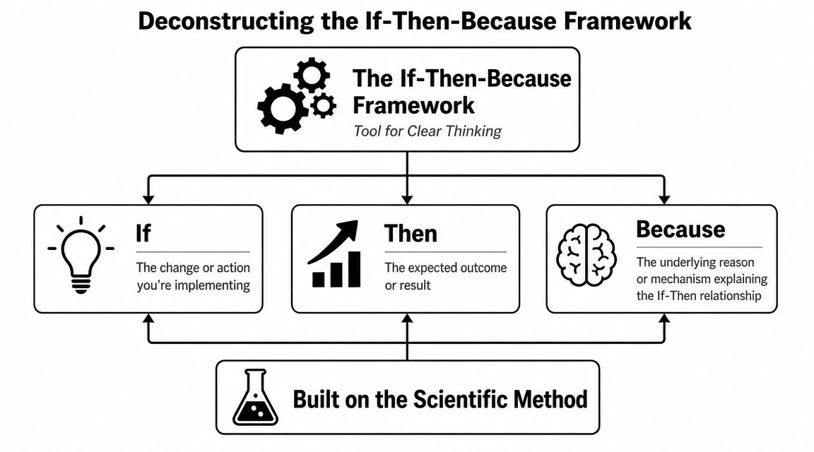 A diagram explaining the If-Then-Because framework as a clear thinking tool based on the scientific method.