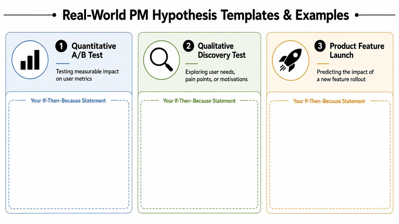 A visual guide for product managers featuring three templates for testing and launching product hypotheses.