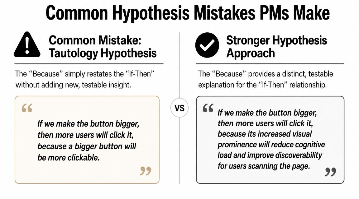 A comparison chart illustrating common product management hypothesis mistakes versus a stronger, testable hypothesis approach.
