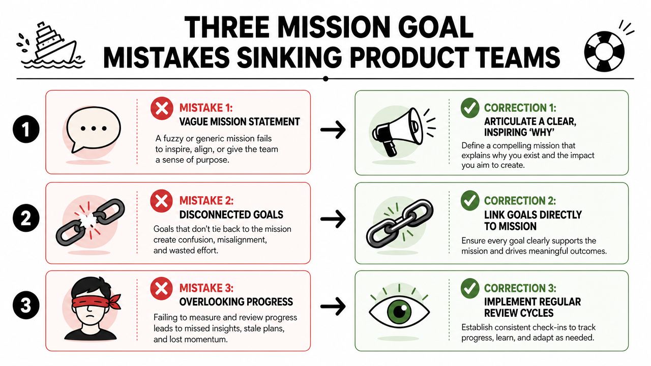 An infographic illustrating three common mission and goal mistakes in product teams and their respective corrections.