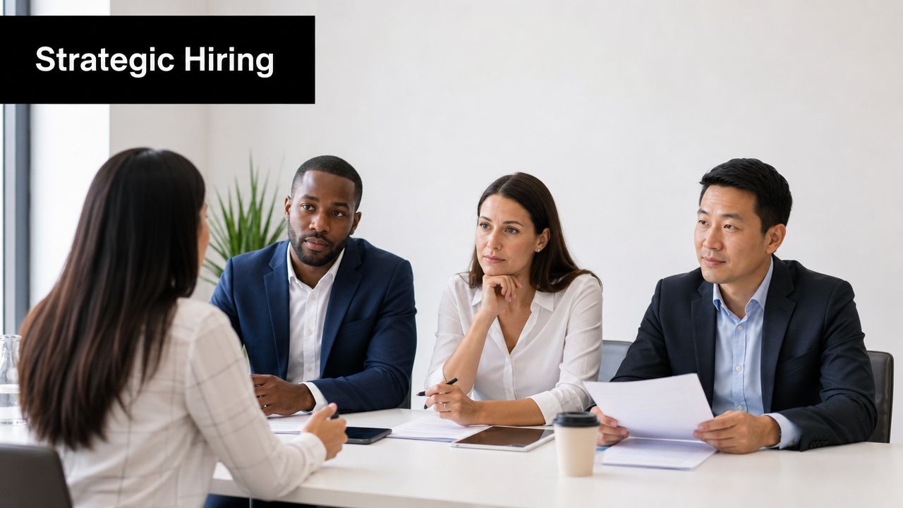 A professional panel of three diverse recruiters interviewing a job candidate in a bright office.