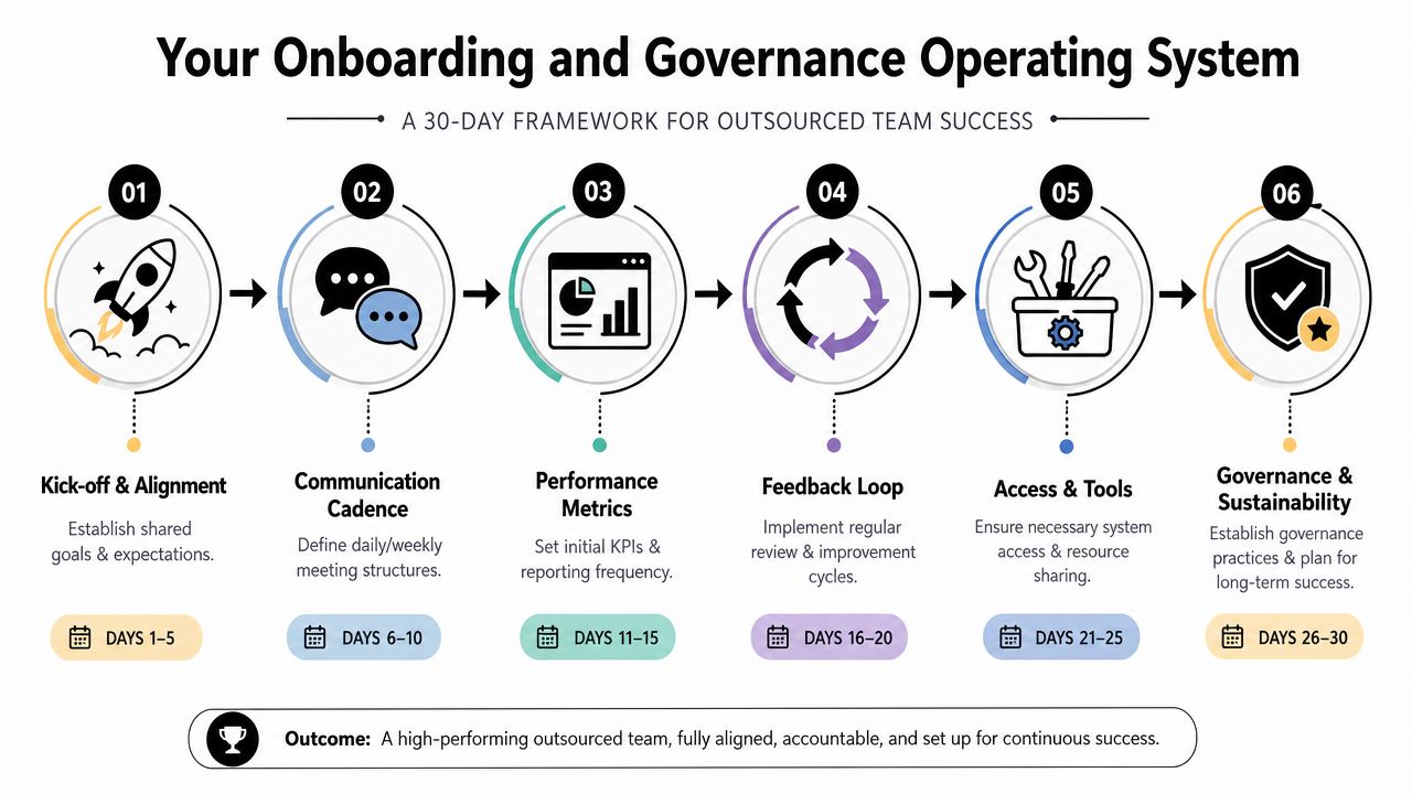 A 30-day onboarding and governance framework infographic for achieving success with an outsourced team.