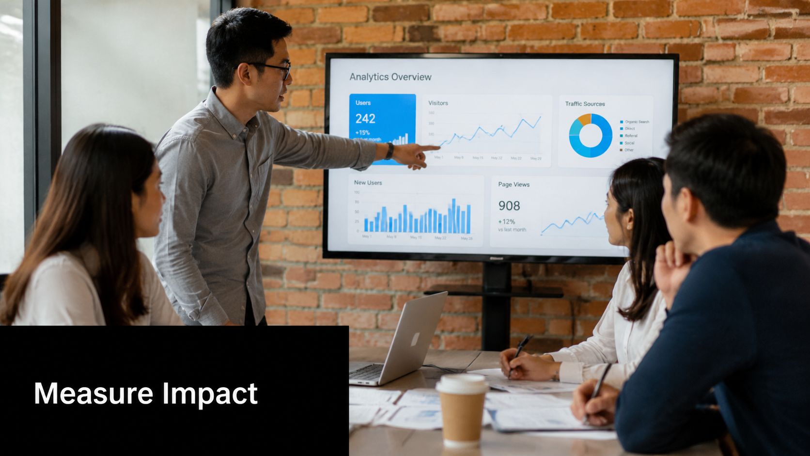 A professional team discussing data analytics on a screen during a product management strategy meeting.
