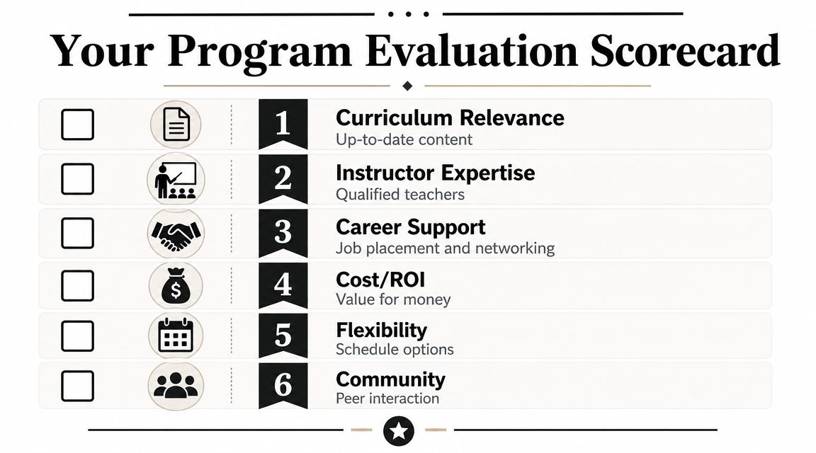 A program evaluation scorecard list featuring six criteria to assess professional education and training programs.
