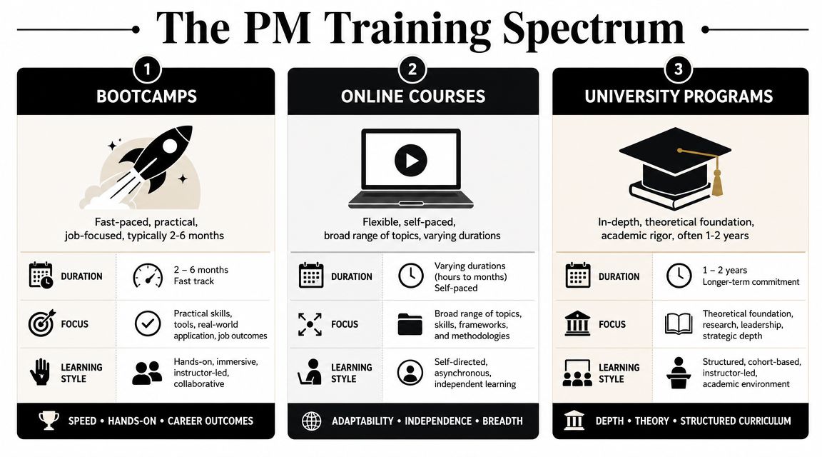 A comparative infographic titled The PM Training Spectrum, detailing the differences between bootcamps, online courses, and university programs.