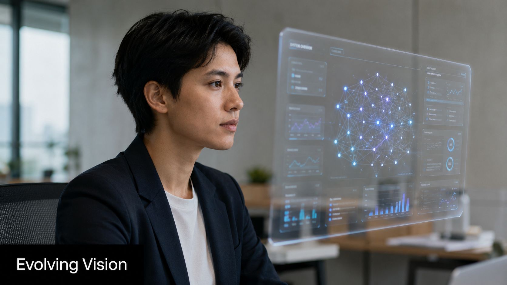 A young professional analyzing complex data visualizations on a transparent futuristic digital interface in an office.