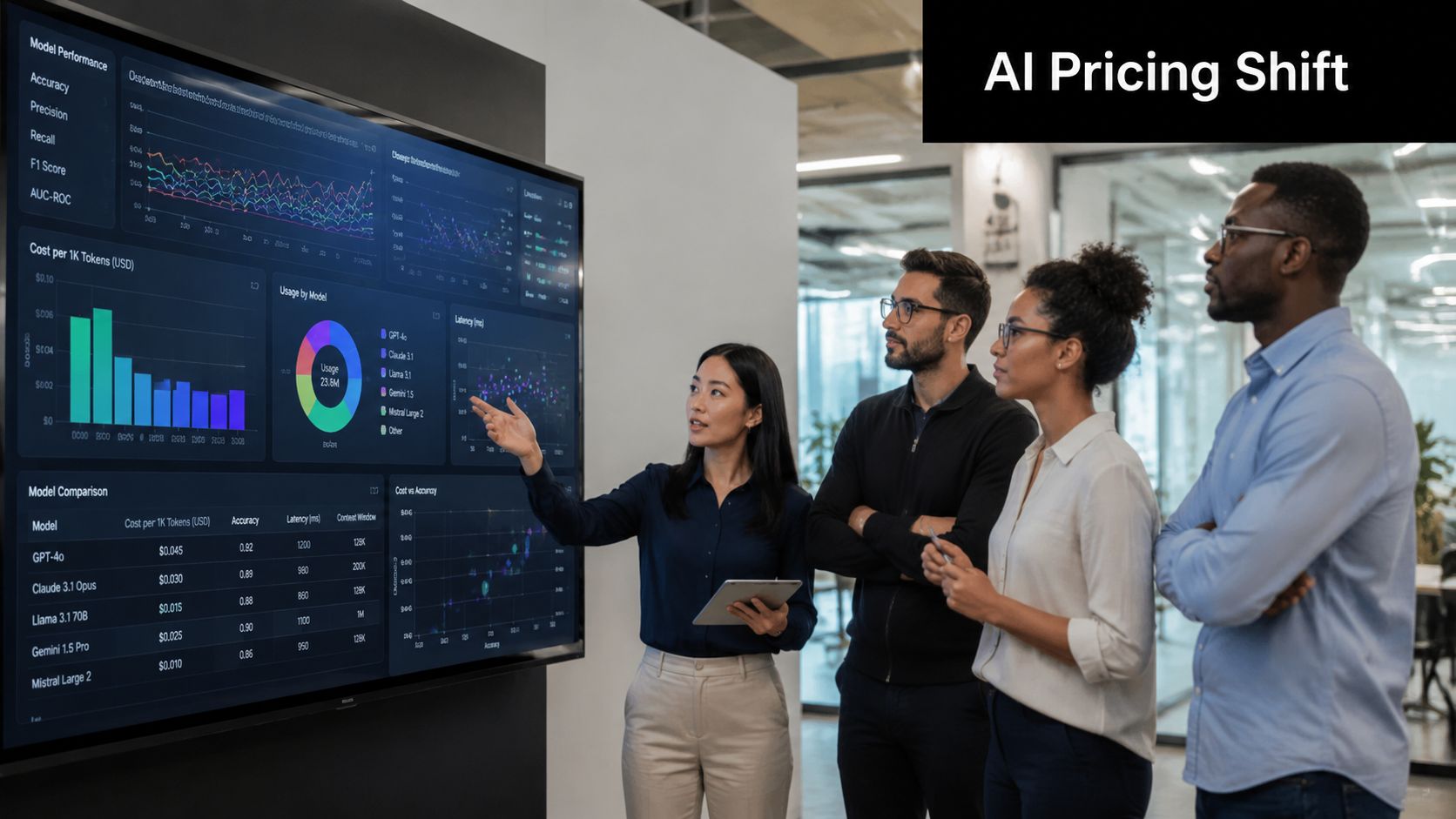 A professional team discussing AI model performance and pricing analytics on a large conference room screen.