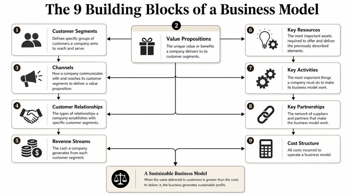 A diagram illustrating the nine essential building blocks of a business model in a professional layout.