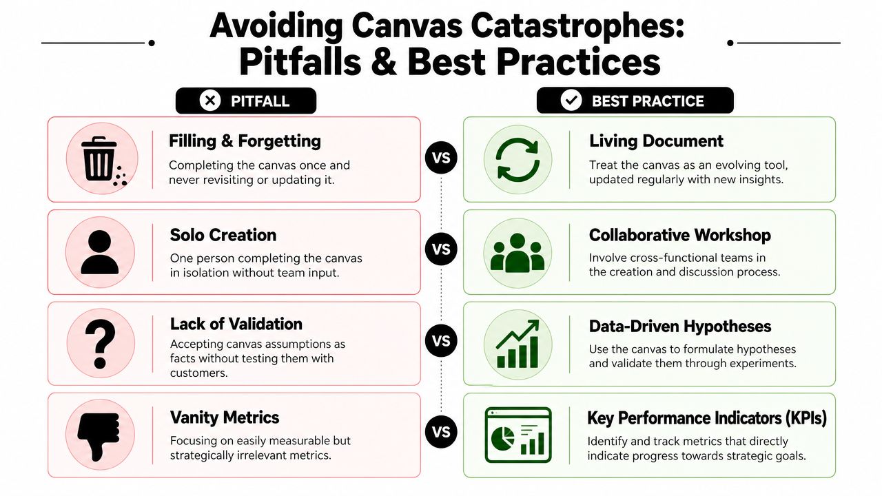 A comparison chart showing common pitfalls and best practices for creating and maintaining a business canvas.