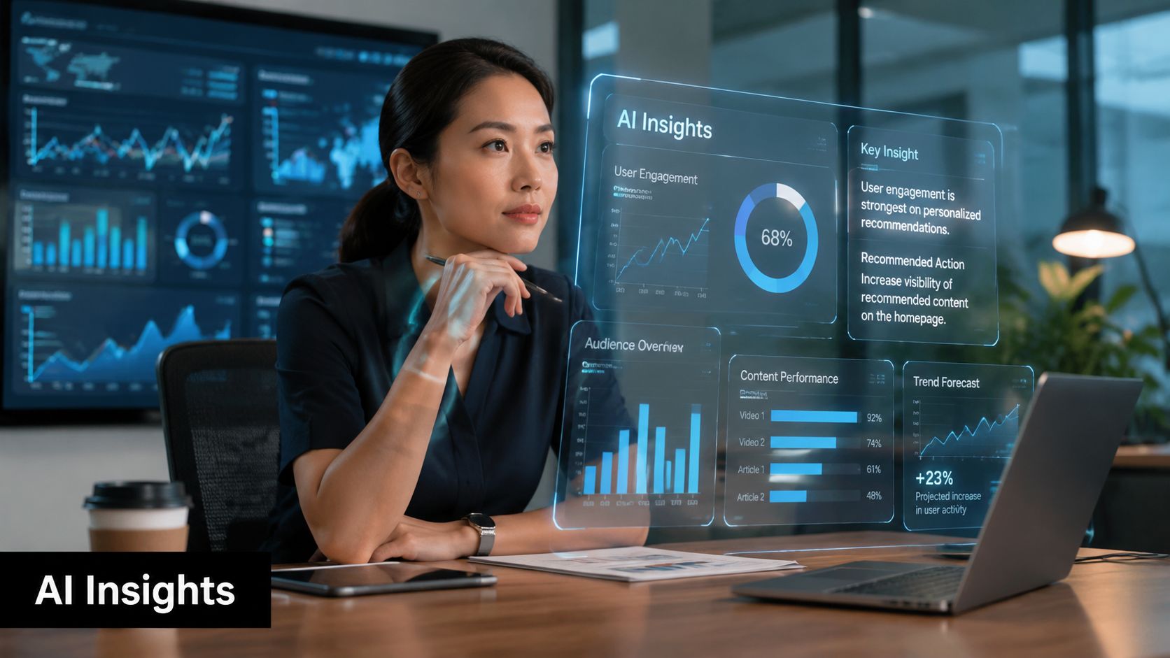 A professional businesswoman analyzing digital data visualizations and holographic AI insights projected on a high-tech office desk.