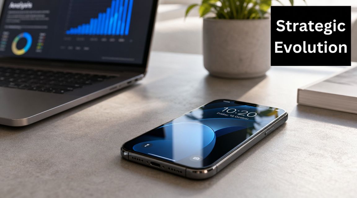 A smartphone resting on a desk next to a laptop displaying business analysis charts and a plant.