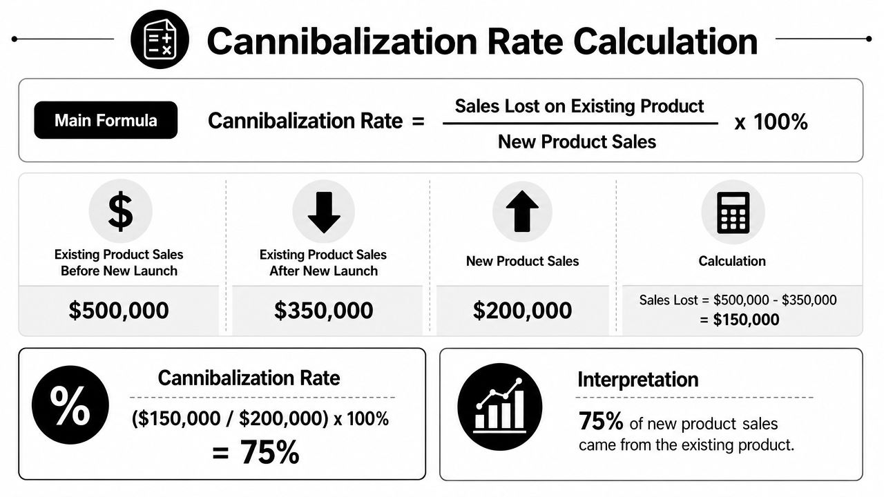 An infographic explaining the cannibalization rate formula with a calculation example showing a 75% rate.