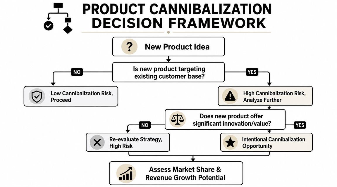 A decision framework flow chart illustrating the process for evaluating potential product cannibalization risks in business strategy.