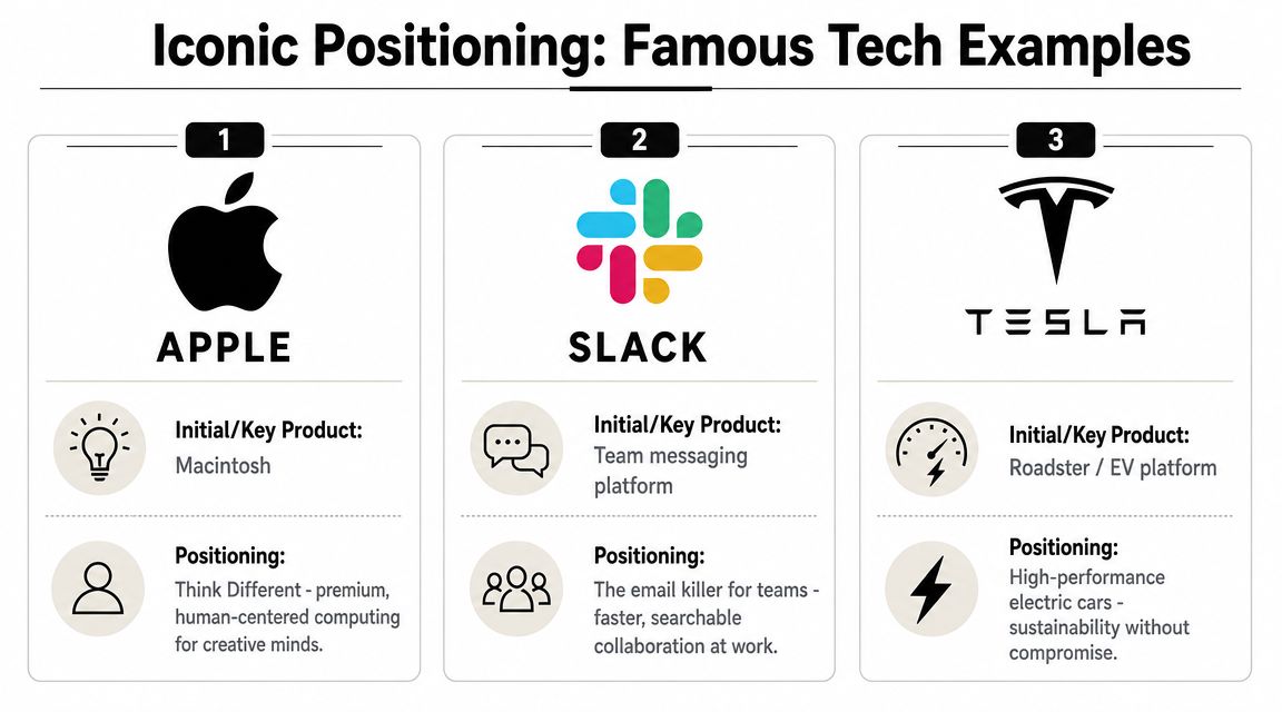 A chart detailing the iconic positioning of famous tech companies Apple, Slack, and Tesla with descriptions.