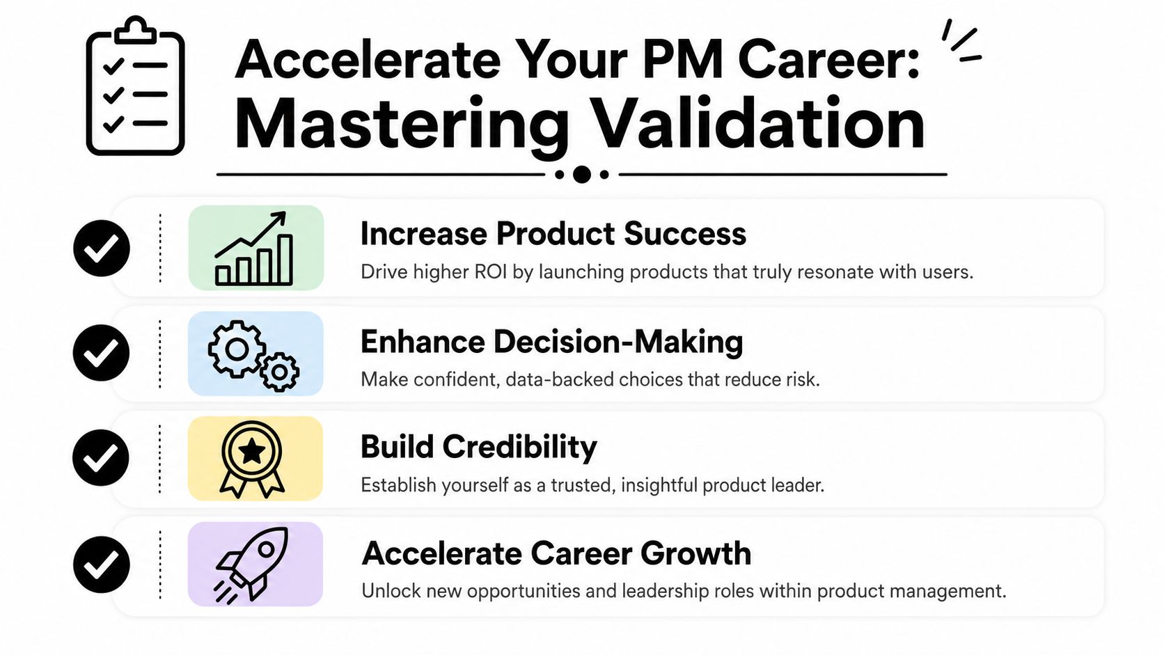 A list graphic highlighting four key benefits of mastering product validation for product management professionals.