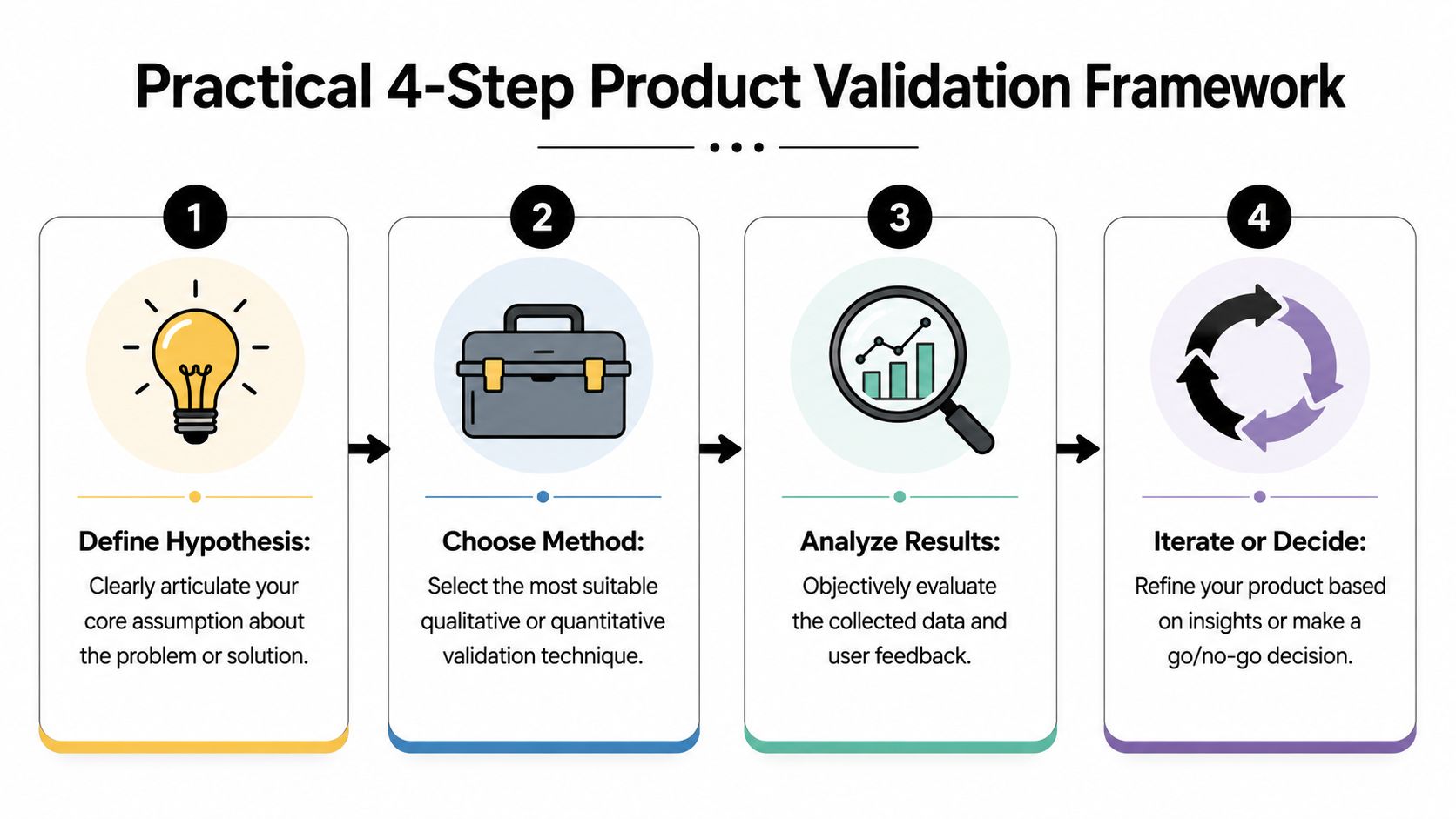 A diagram illustrating a four-step product validation framework including hypothesis definition, method selection, data analysis, and iteration.