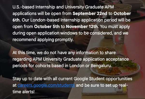 Google's APM program page showing the U.S. application window, September 22 to October 6, captured October 11, 2026